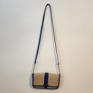 COLE HAAN Bedford Woven Straw/Fabric/Leather Clutch Crossbody Bag With Blue Trim